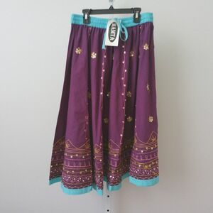 VTG Mamta Cotton Boho Beachy Peasant Sequin Embroidered Midi Skirt Teen Purple